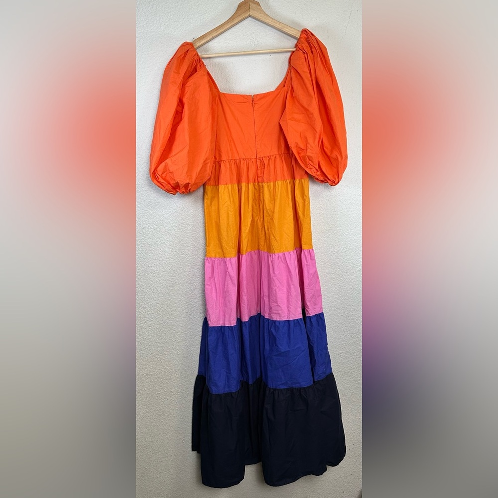 Farm Rio Anthropologie Maxi Dress Color Block Puff Sleeve Small Tiered Boho - Picture 3 of 15